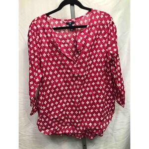 Gap Women's Pink White Diamond Print Tunic Top 3/4 Sleeve V-Neck Button Accent